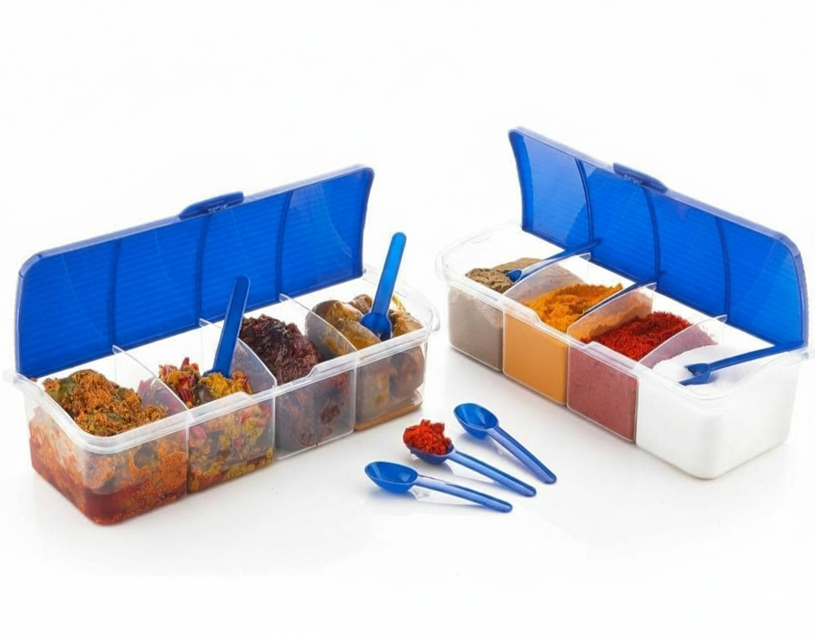 Spice containers with blue lids and spoons on a white background