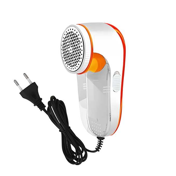 Handheld electric fabric shaver with white and orange design on a white background