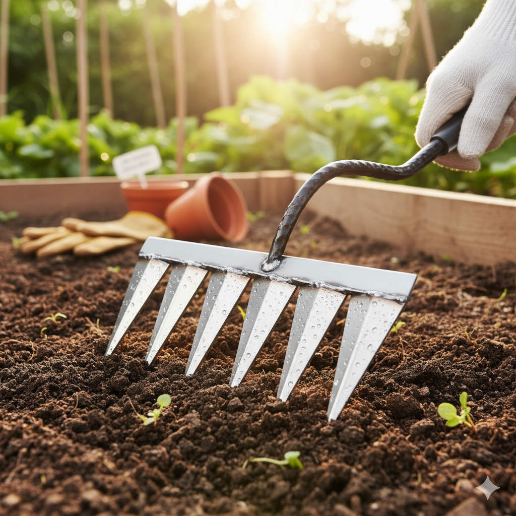 Person using a garden rake on soil with plants and gardening tools in the background