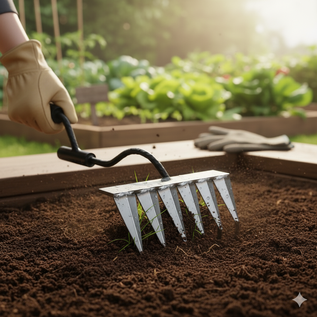 Person using a garden rake on soil with a blurred garden background