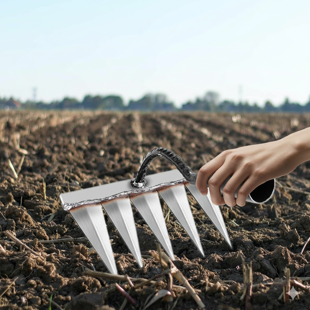 Hand holding a gardening tool in a field