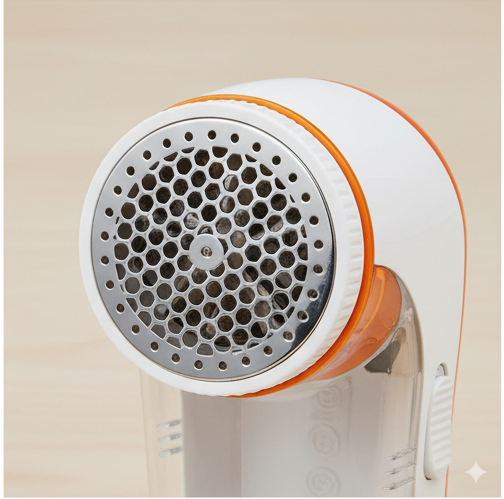 White and orange fabric shaver on a beige background