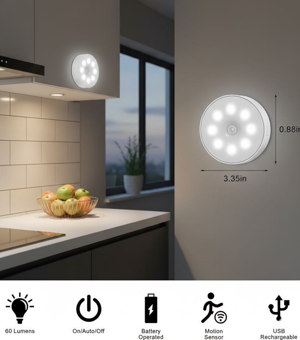 Round LED light fixture on a kitchen wall with dimensions and features displayed.