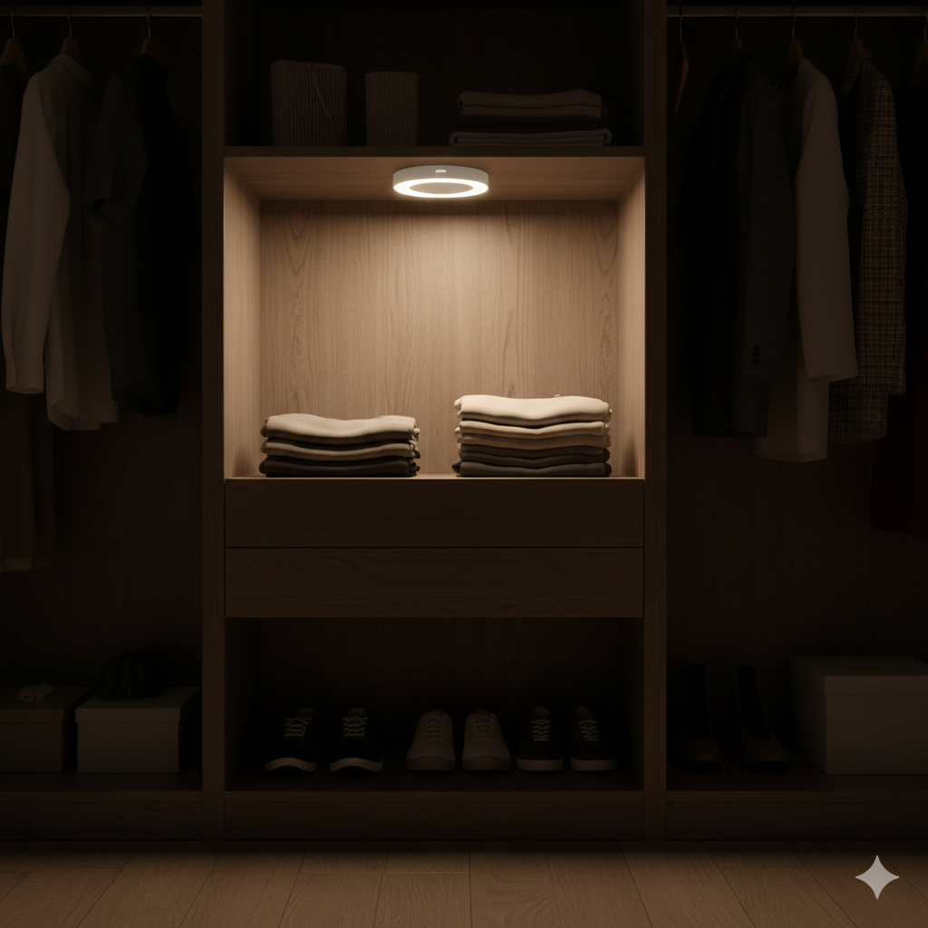 Closet with folded clothes on a shelf in a dimly lit room