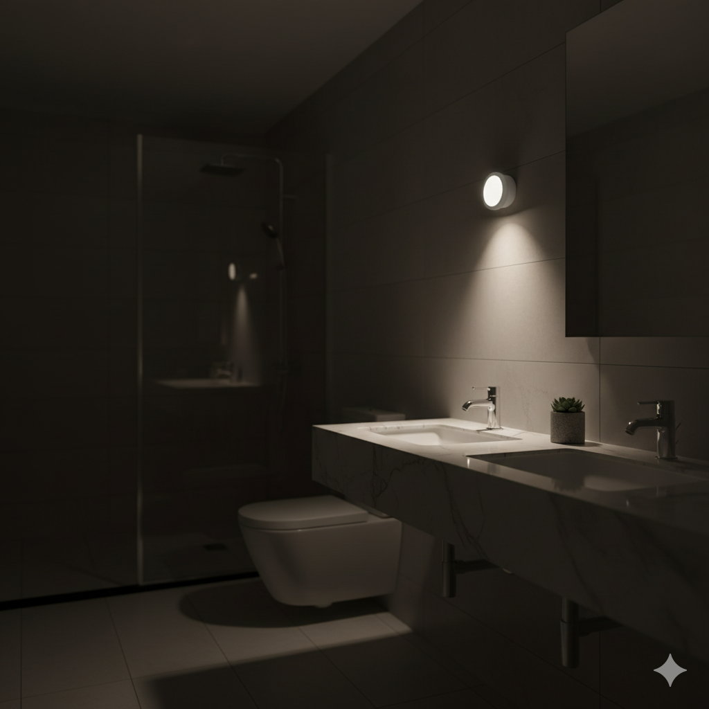 Modern bathroom with a sink and toilet in dim lighting