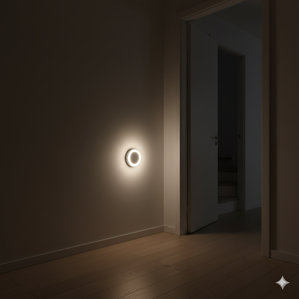 Wall-mounted light fixture on a dark wall in a dimly lit room.