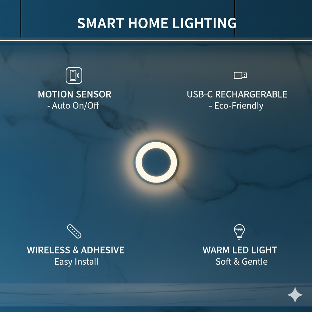 Smart home lighting fixture with features listed on a blue background