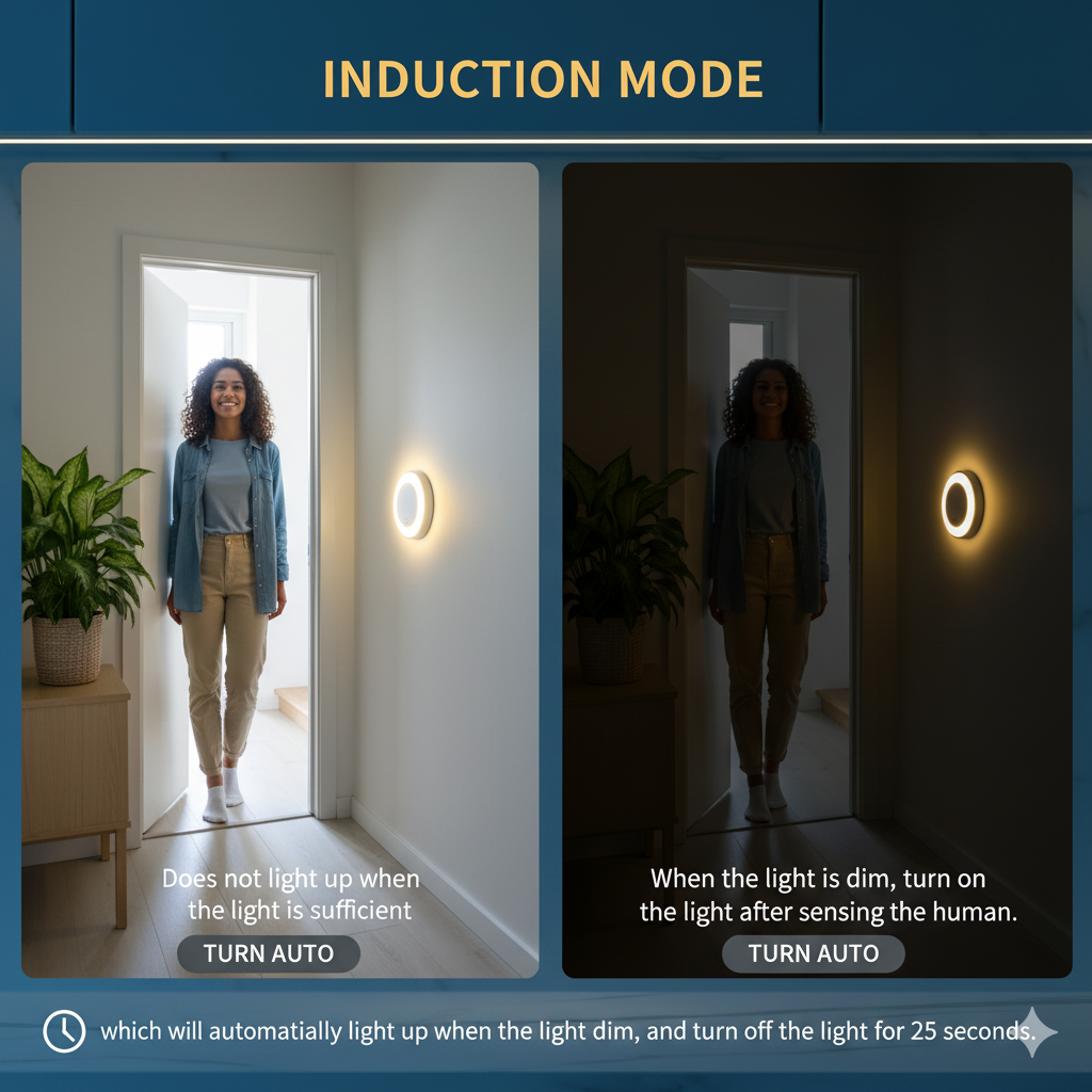 Induction mode light sensor demonstration with a woman entering a room.