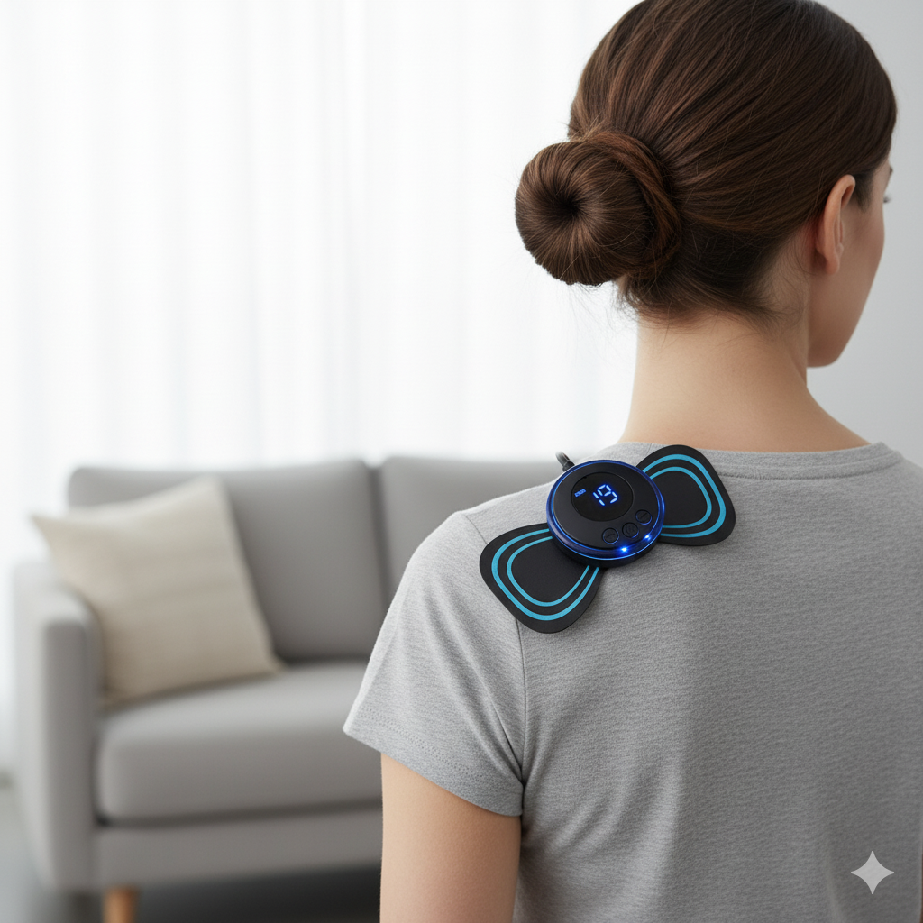 Woman wearing a back massager device in a living room setting