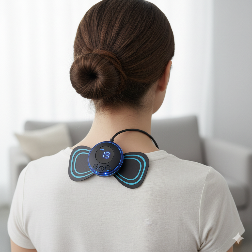 Person using a neck massager device with a digital display on a blurred indoor background
