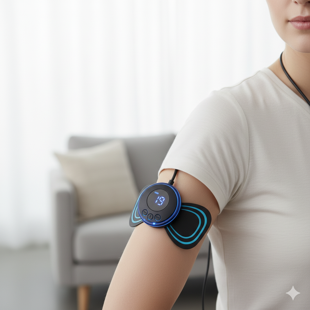 Person using a blood pressure monitor on their arm with a blurred background