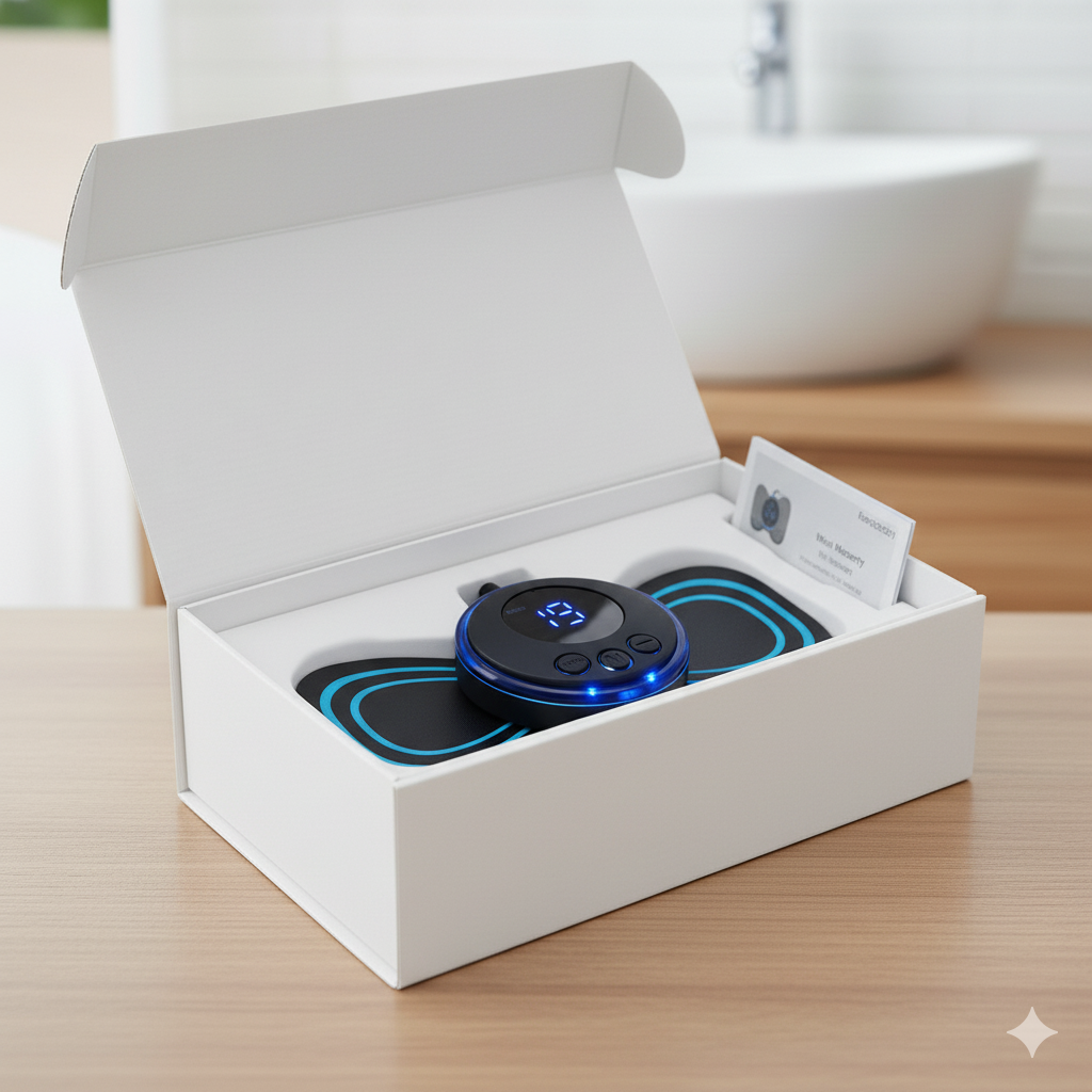 Wireless charging pad in a white box on a wooden surface with a blurred background