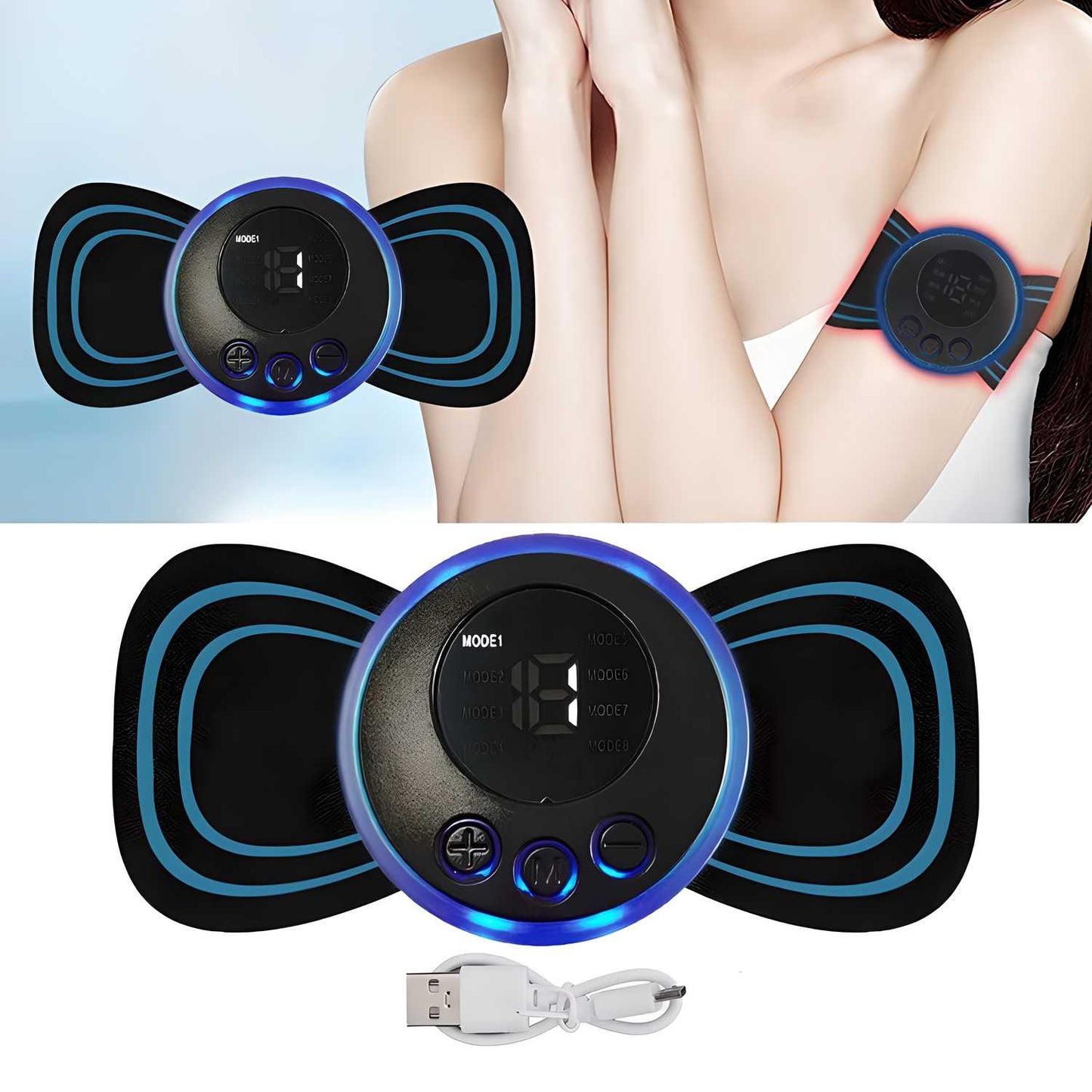 Electrical muscle stimulator device on a person's arm with close-up of device and USB cable.