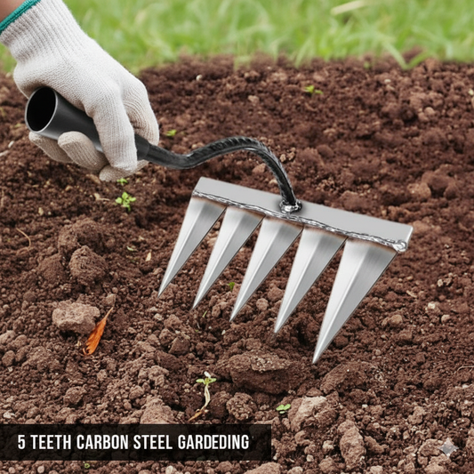 Hand using a gardening tool with metal teeth on soil, wearing a glove.