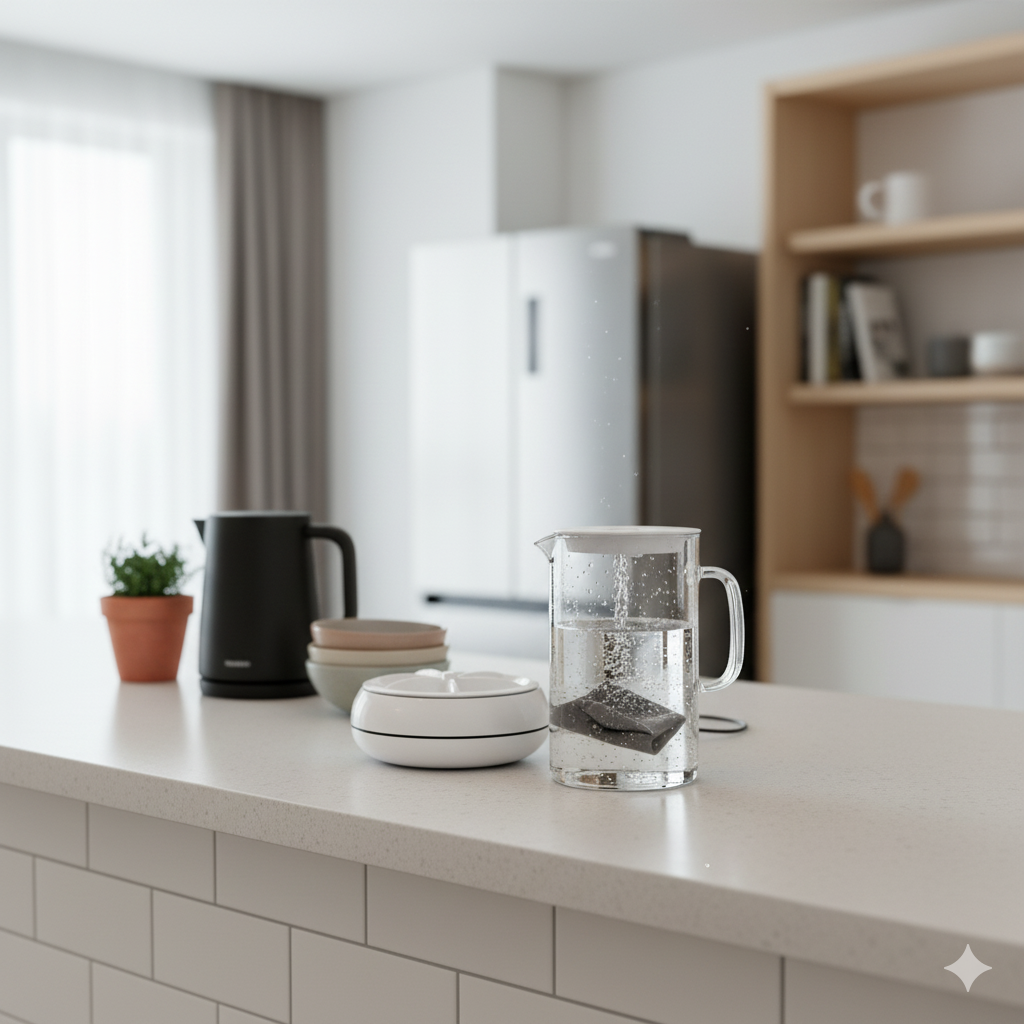 Kitchen counter with a black kettle, white containers, and a clear glass pitcher on a light-colored tiled wall background.