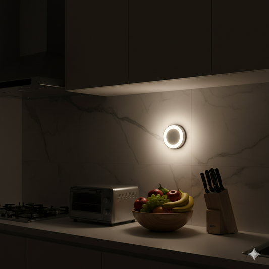 Round wall light on a kitchen wall with a bowl of fruit and knives on the counter.