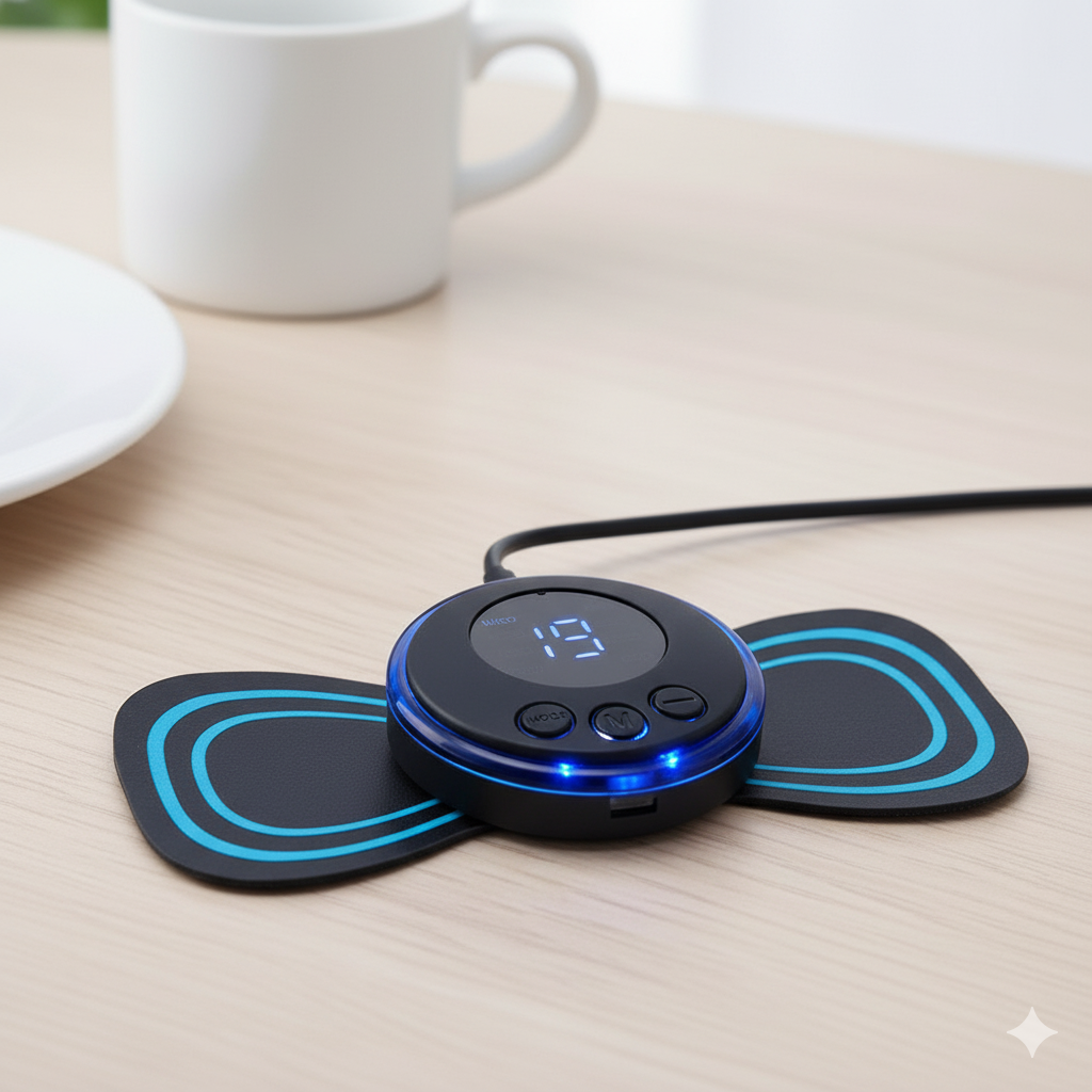 Black and blue electronic device with digital display on a wooden surface, next to a white mug.