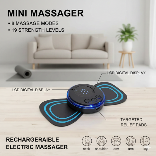 Mini massager with features highlighted on a wooden surface, with a living room background.