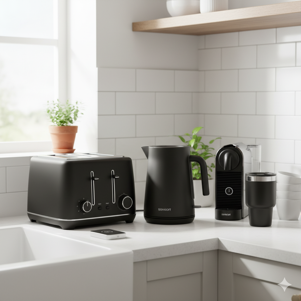 Modern kitchen with black toaster, electric kettle, and coffee machine on countertop – minimalist home appliance setup