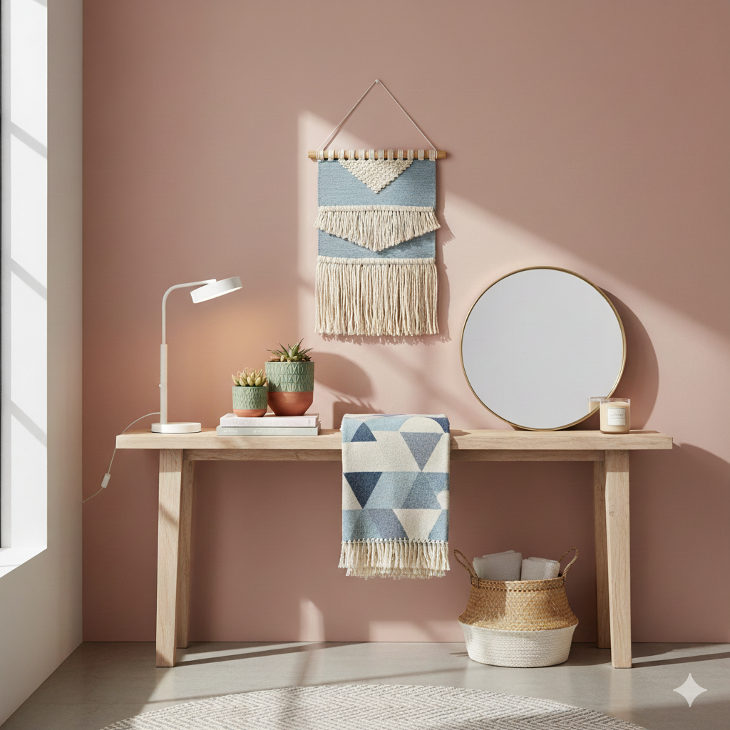 Modern minimalist home decor setup with wooden desk, wall art, mirror, plants, and soft pink background – cozy interior design inspiration